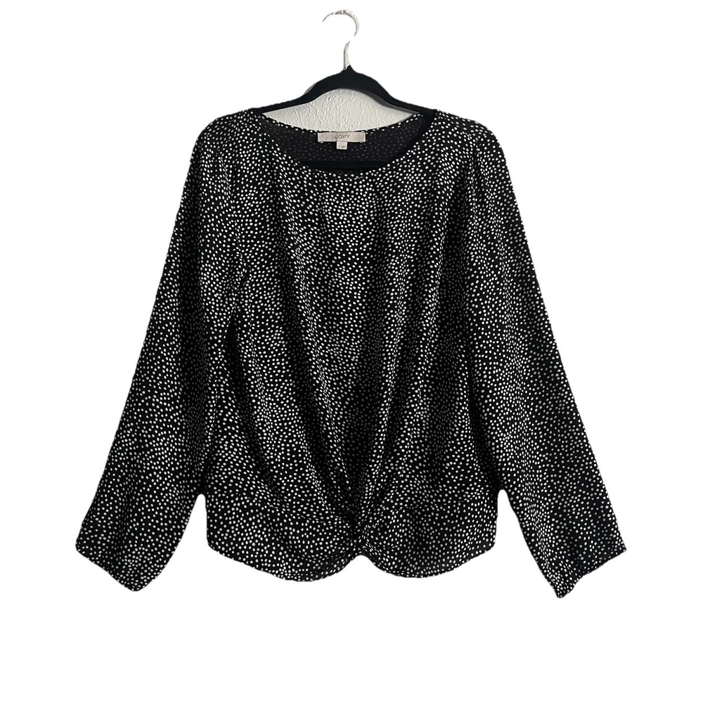 Loft Polka Dot Blouse Womens Black White Twist Front Long Sleeve Top Size M